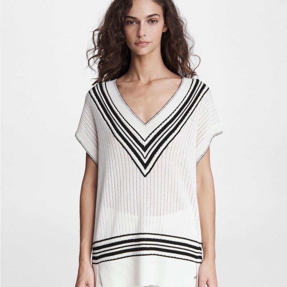 Rag & Bone Wool Blend Knit V-Neck Sweater Vest in Black and White